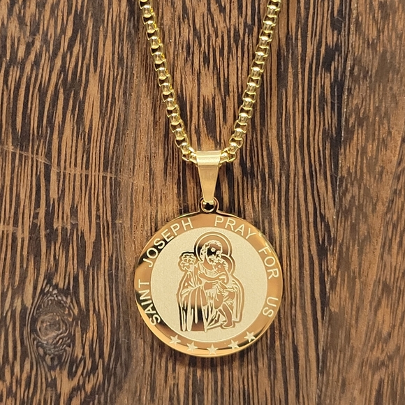 Gold Colored Saint Joseph Pray For Us Charm With Chain Necklace 22" - Picture 1 of 6